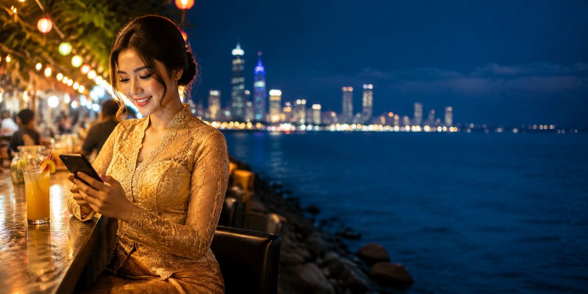 Pengguna wanita di Pulau Pinang mengakses platform hiburan 1290 melalui telefon pintar berbusana kebaya